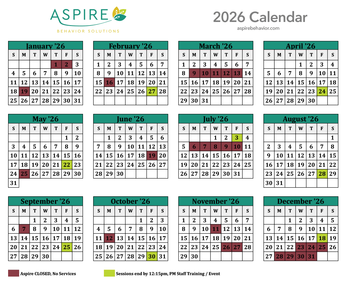 Aspire 2026 calendar of closures and early-release days
